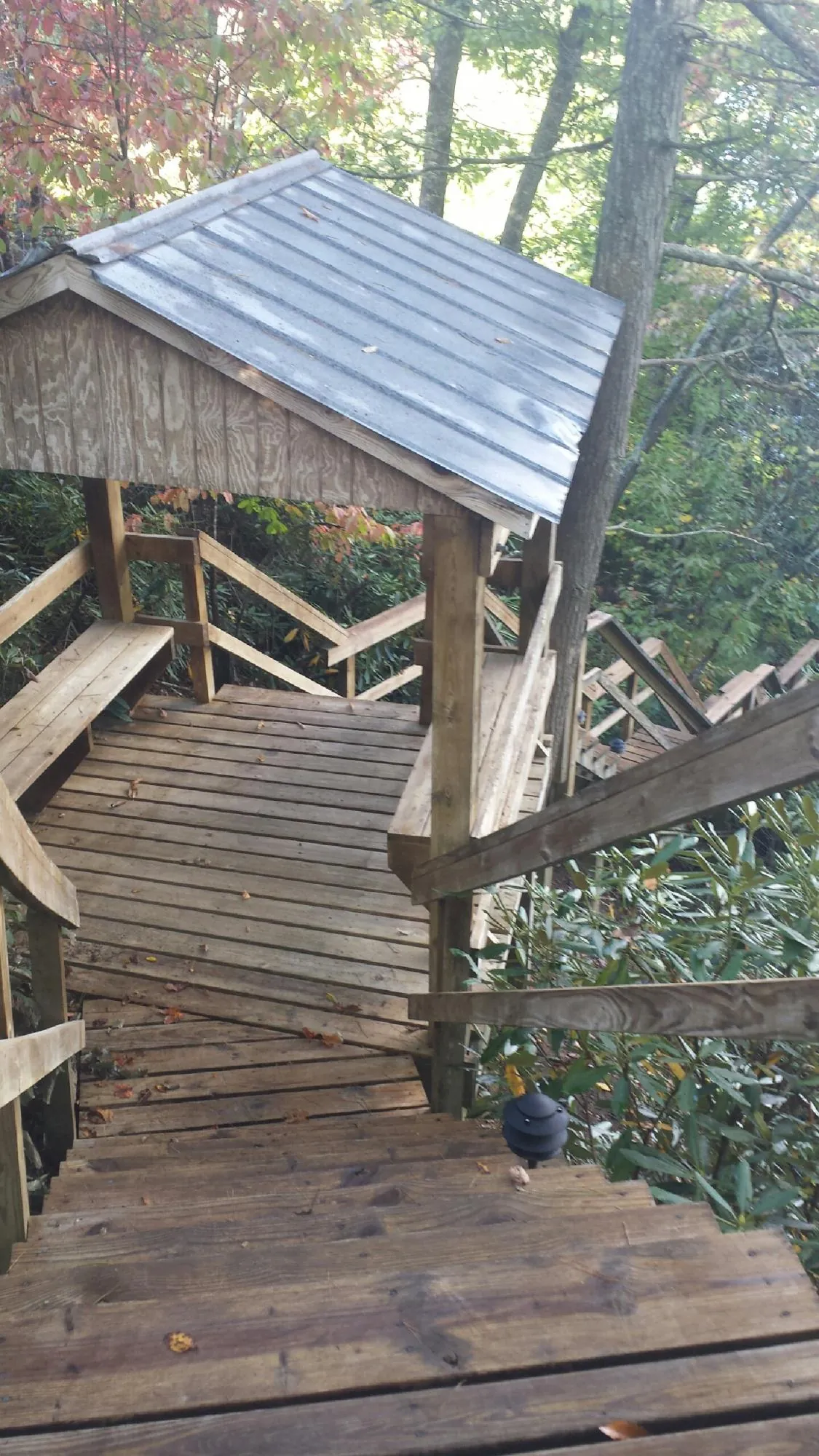 Metal roofed shelter over wooden steps on a wooded walkway — Skylight Repair & Installation work by our crew in Harleyville